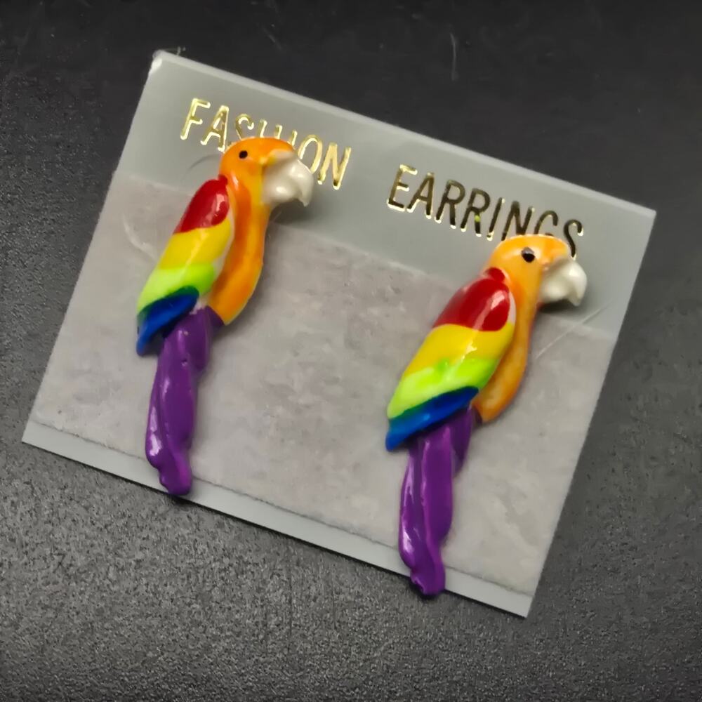 Plastic Colorful Parrot Bird Earrings Pierced Vintage 1980s Jewelry NOS NWT